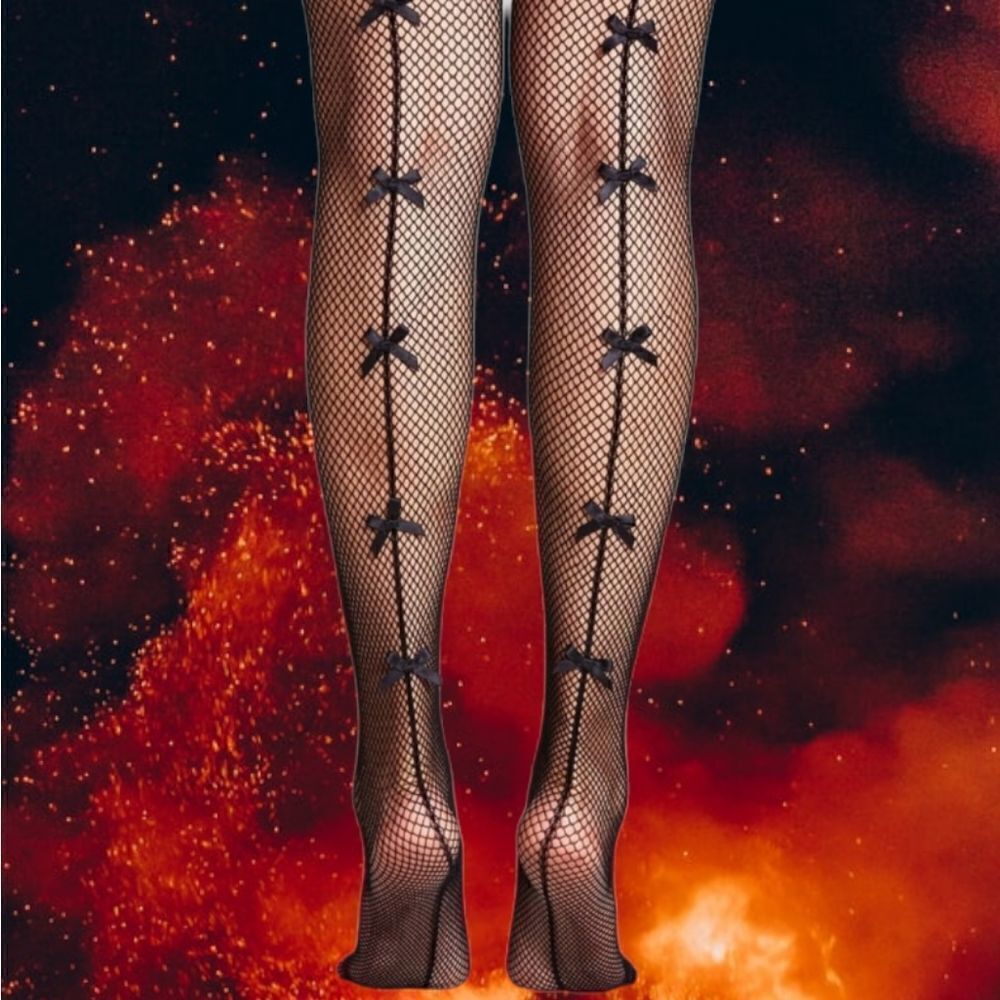 Black Fishnet Pin-up Back Solid Black Line Bow Stockings One Size